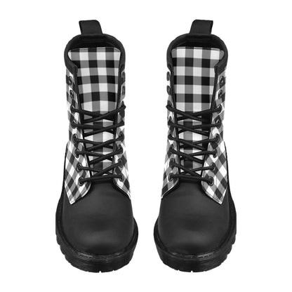 Black White Buffalo Plaid Women's Boots, Check Lumberjack Tartan Vegan Leather Lace Up Shoes Print Ankle Punk Combat Gothic Winter Ladies