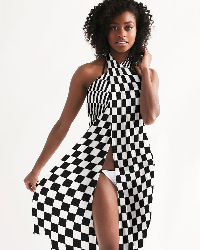 Black White Checkered Swimsuit Cover Up Women, Racing Check Wrap Front Sarong Bikini Bathing Suit Beach Sexy Long Flowy Skirt Coverup Starcove Fashion