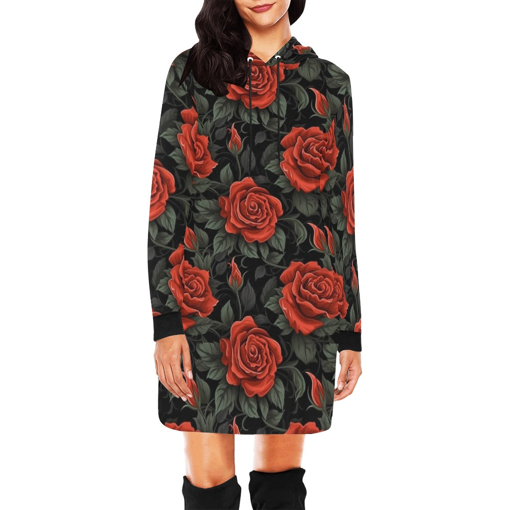 Red Roses Hoodie Dress, Floral Flowers Cute Women Long Sleeve Sexy Winter Outfit Hooded Sweatshirt Dress with Pockets