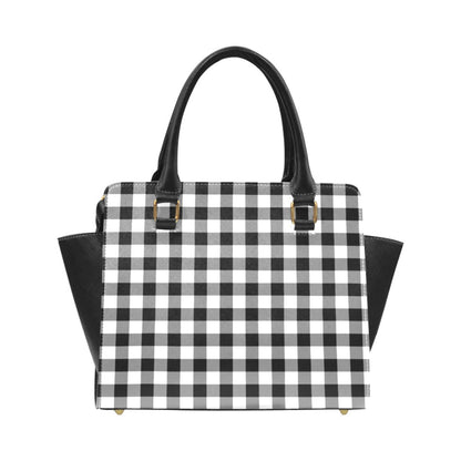 Buffalo Plaid Shoulder Purse Handbag, Black White Checkered High Grade Vegan Leather Designer Women Gift Satchel Top Handle Zip Bag Strap