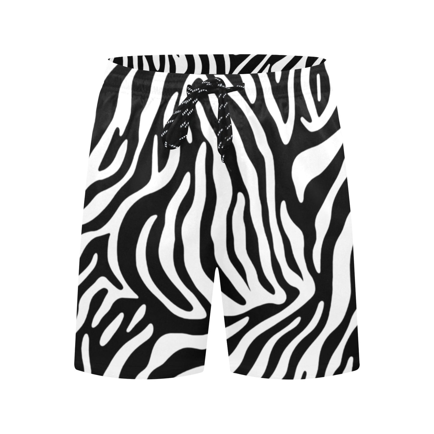 Zebra Stripes Men Swim Trunks, Animal Mid Length Shorts Beach Pockets Mesh Lining Drawstring Guys Casual Bathing Suit Plus Size Swimwear
