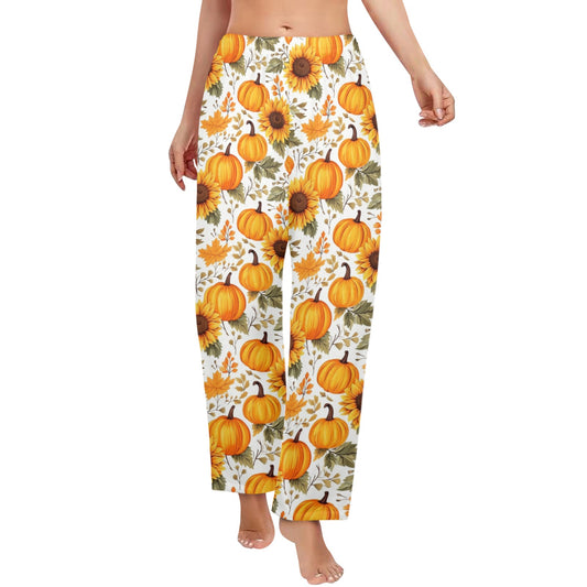 Fall Pumpkins Women Pajamas Pants, Sunflowers Autumn Satin PJ Funny Pockets Trousers Couples Matching Ladies Trousers Bottoms Sleepwear