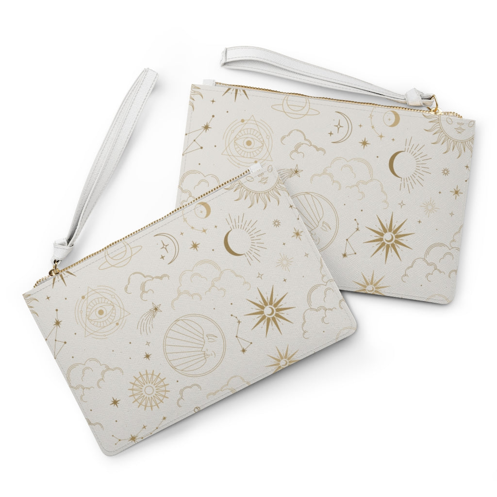 Celestial Wristlet Wallet Clutch Bag Purse, Constellation Stars Moon Sun White Vegan Leather Pocket Zipper Evening Modern Wrist Pouch Women Starcove Fashion