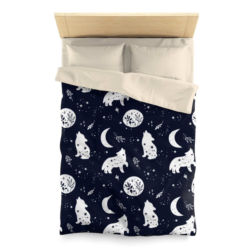 Wolf Howling At Moon Duvet Cover, Stars Dark Blue Microfiber Full Queen Twin Unique Vibrant Bed Cover Modern Home Bedding Bedroom Décor Starcove Fashion