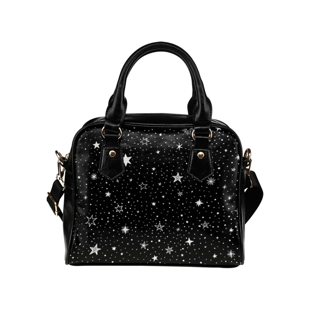 Stars Purse, Space Black White Pattern Cute Small Crossbody Shoulder Constellation Zip Bag Vegan Leather Women Designer Handbag Ladies Starcove Fashion