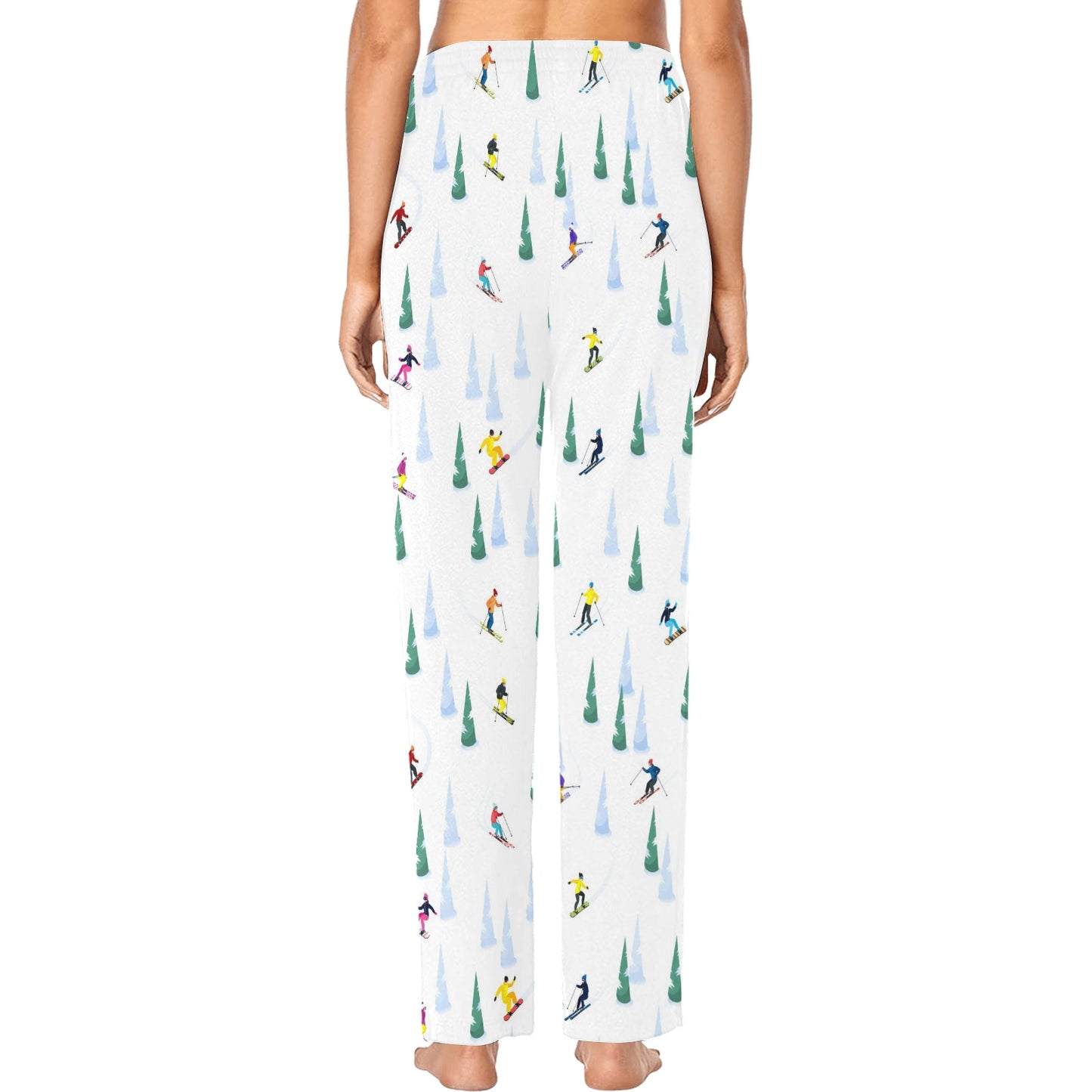 Ski Women Pajamas Pants, Snowboard Skier Pine Trees Snow Winter Sports Satin PJ Funny Pockets Trousers Couples Matching Ladies Bottoms