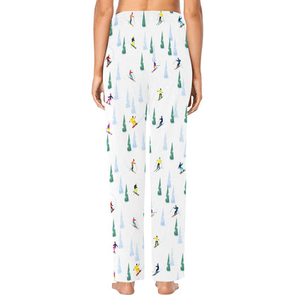 Ski Women Pajamas Pants, Snowboard Skier Pine Trees Snow Winter Sports Satin PJ Funny Pockets Trousers Couples Matching Ladies Bottoms