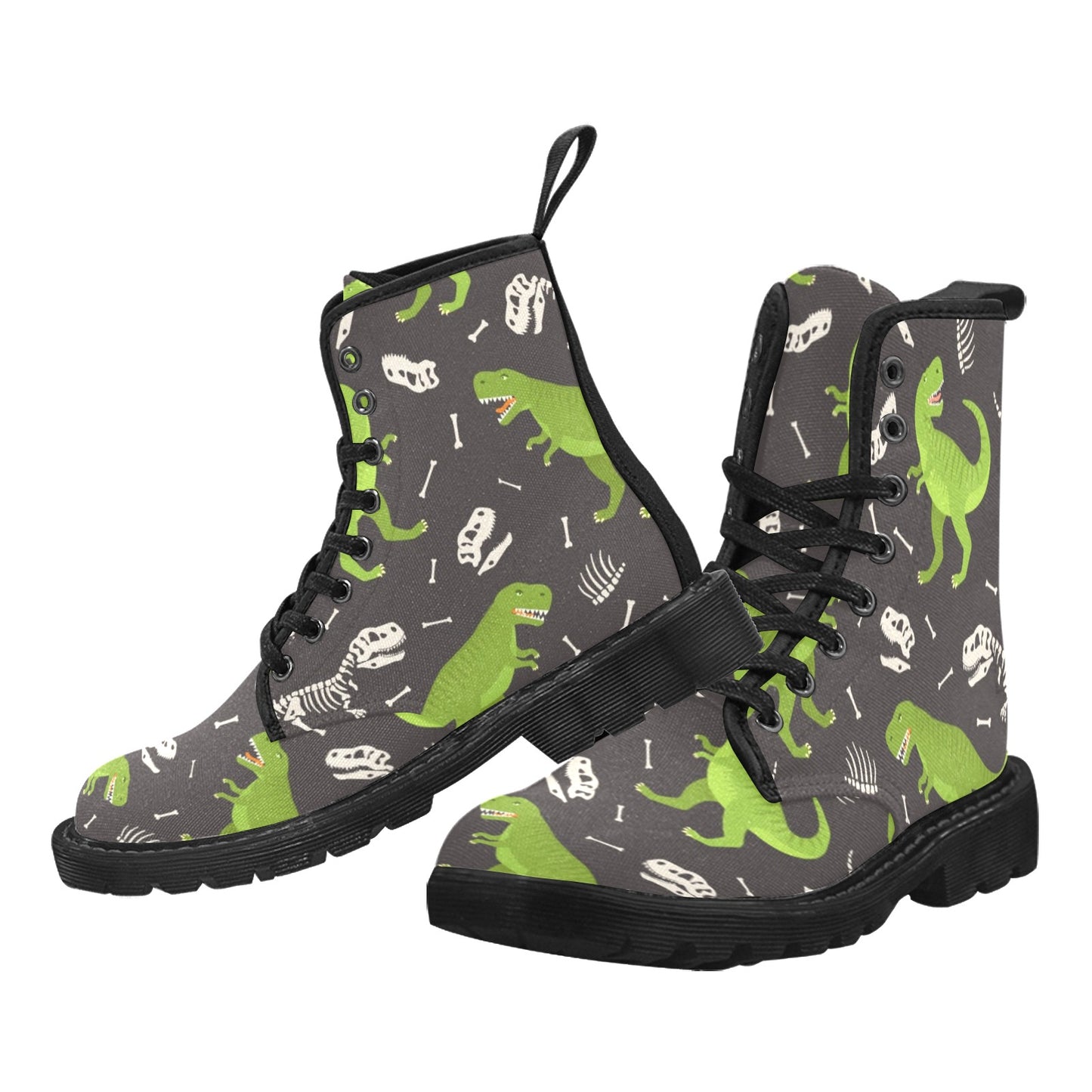 Dinosaur Men Boots, Skeleton Dino Fossil Design Pattern Vegan Canvas Festival Party Lace Up Shoes Fashion Print Combat Casual Custom Gift