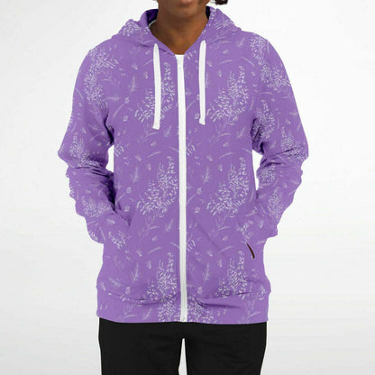 Lavender Zip Up Hoodie, Floral Flowers Purple Front Zipper Pocket Men Women Unisex Adult Aesthetic Graphic Cotton Fleece Hooded Sweatshirt Starcove Fashion