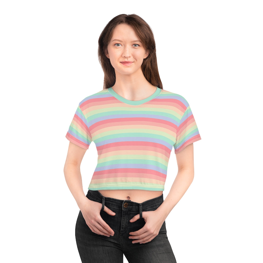 Pastel Rainbow Stripes Crop Top Tshirt, Cute Tee Women Adult Boho Aesthetic Graphic Crewneck Shirt Starcove Fashion