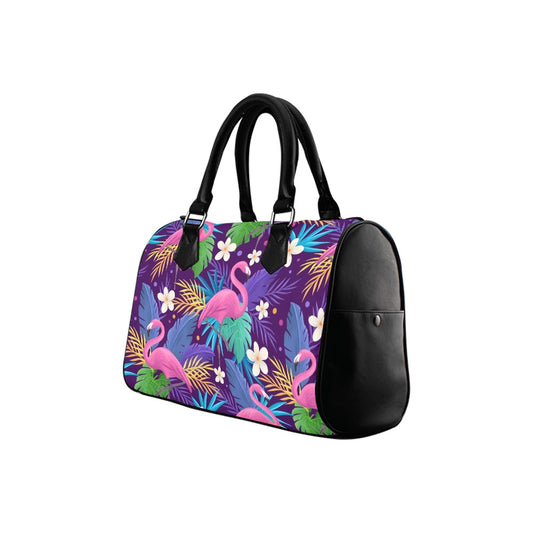 Pink Flamingo Top Handle Handbag, Tropical Purple Art Print Purse Canvas and Leather Barrel Type Boho Designer Accessory Ladies Bag