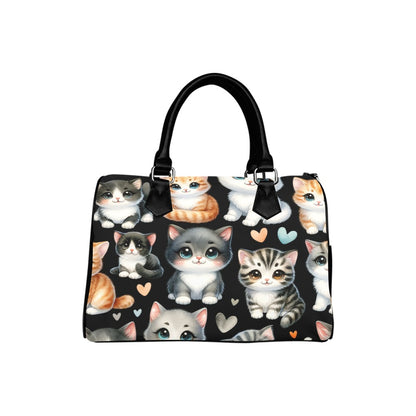 Cute Cats Purse, Kittens Watercolor Art Print Top Handle Handbag Canvas Leather Boston Barrel Type Designer Bag Women Ladies Gift