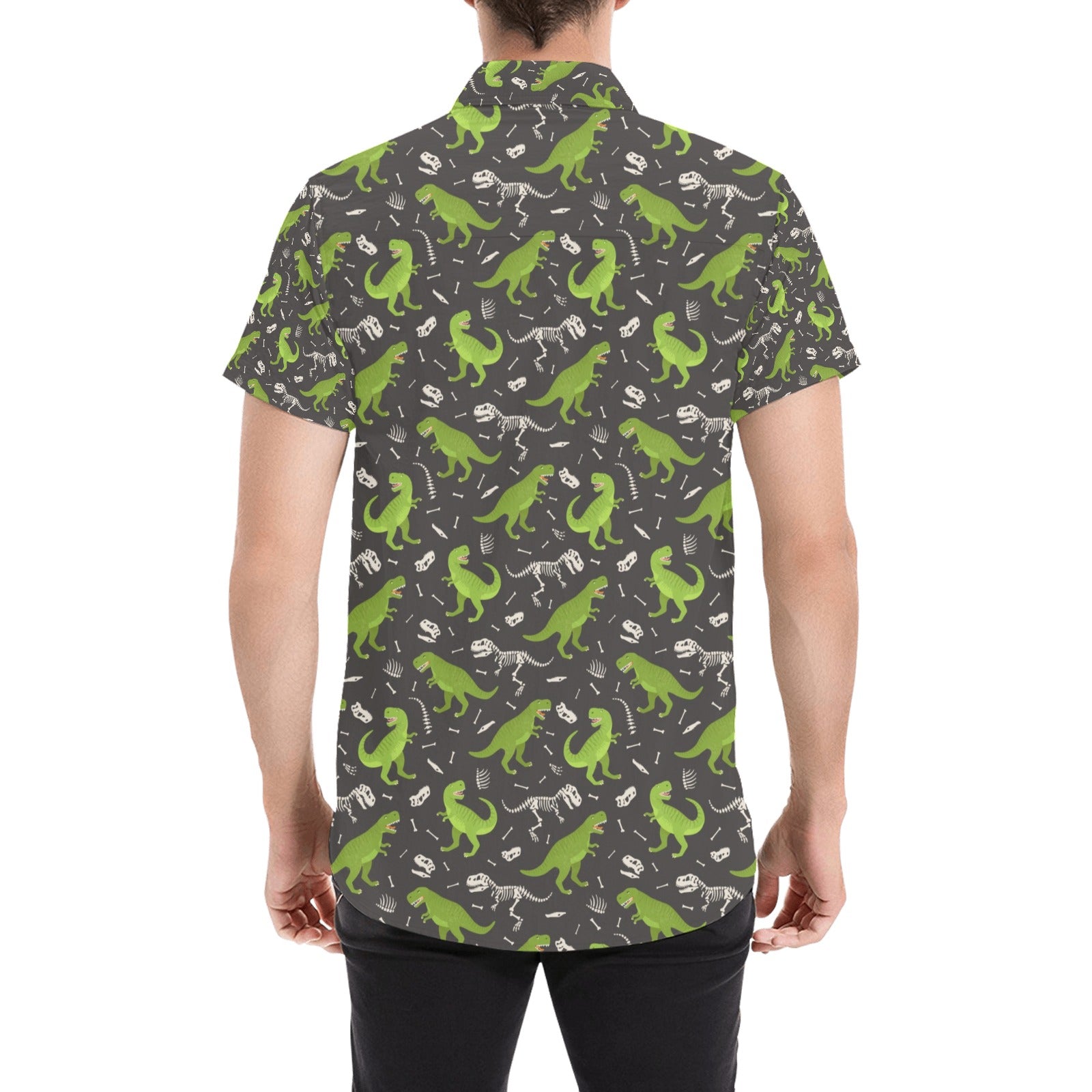 Dinosaur Short Sleeve Men Button Up Shirt, Dino Skeleton Green Print Casual Buttoned Down Summer Dress Shirt Gift Husband Starcove Fashion