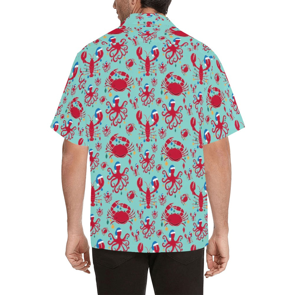 Beach Christmas Men Hawaiian shirt, Lobster Octopus Crab Ocean Dad Funny Print Vintage Retro Tropical Hawaii Aloha Plus Size Button Up Shirt Starcove Fashion