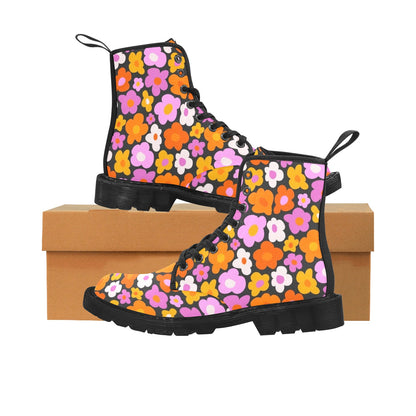Groovy Flowers Women's Boots, Retro Vintage 70s Floral Vegan Canvas Lace Up Shoes Print Black Ankle Combat Festival Casual Custom Gift Starcove Fashion