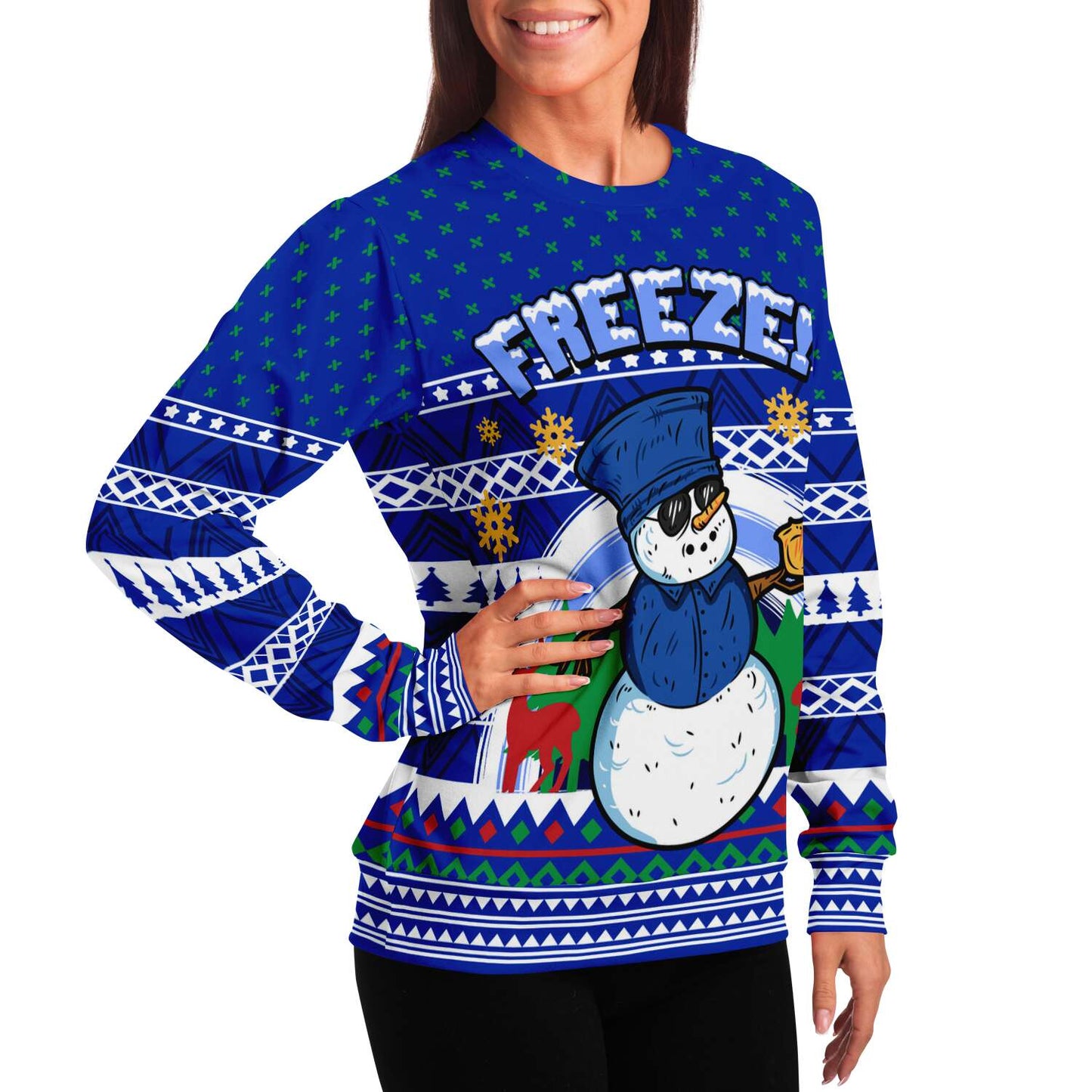 Snowman Ugly Christmas Sweater, Blue Police Freeze Snow Funny Tacky Winter Print Party Sweatshirt Holiday Men Women Christmas Gift Plus Size Starcove Fashion