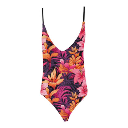 Floral One Piece Swimsuit for Women, Fuchsia Orange Tropical Sexy Cheeky Low Back Backless Plunge Lace Cute Designer Swim Bathing Suit