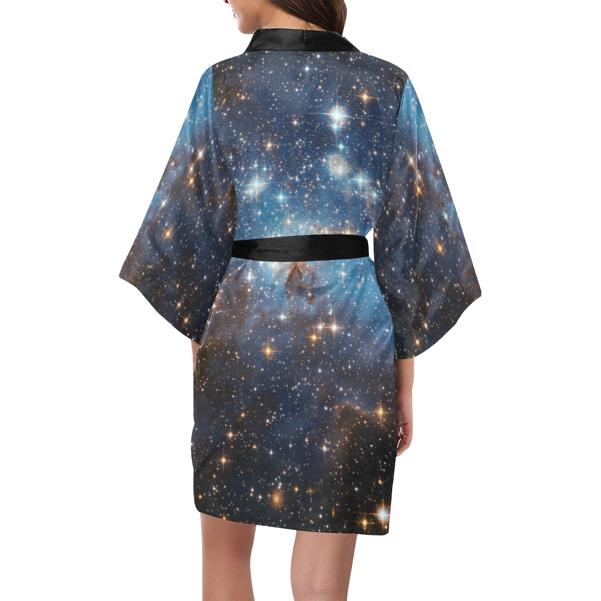 Galaxy Space Kimono Robe, Celestial Blue Outer Stars Japanese Women's Short Lounge Sleepwear Bohemian Sexy Nerd Bathrobe Pajamas Starcove Fashion