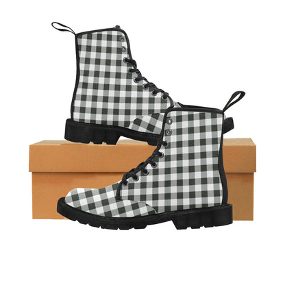 Black White Buffalo Plaid Women's Boots, Check Checkered Vegan Canvas Lace Up Shoes, Print Army Ankle Combat, Winter Casual Custom Gift Starcove Fashion