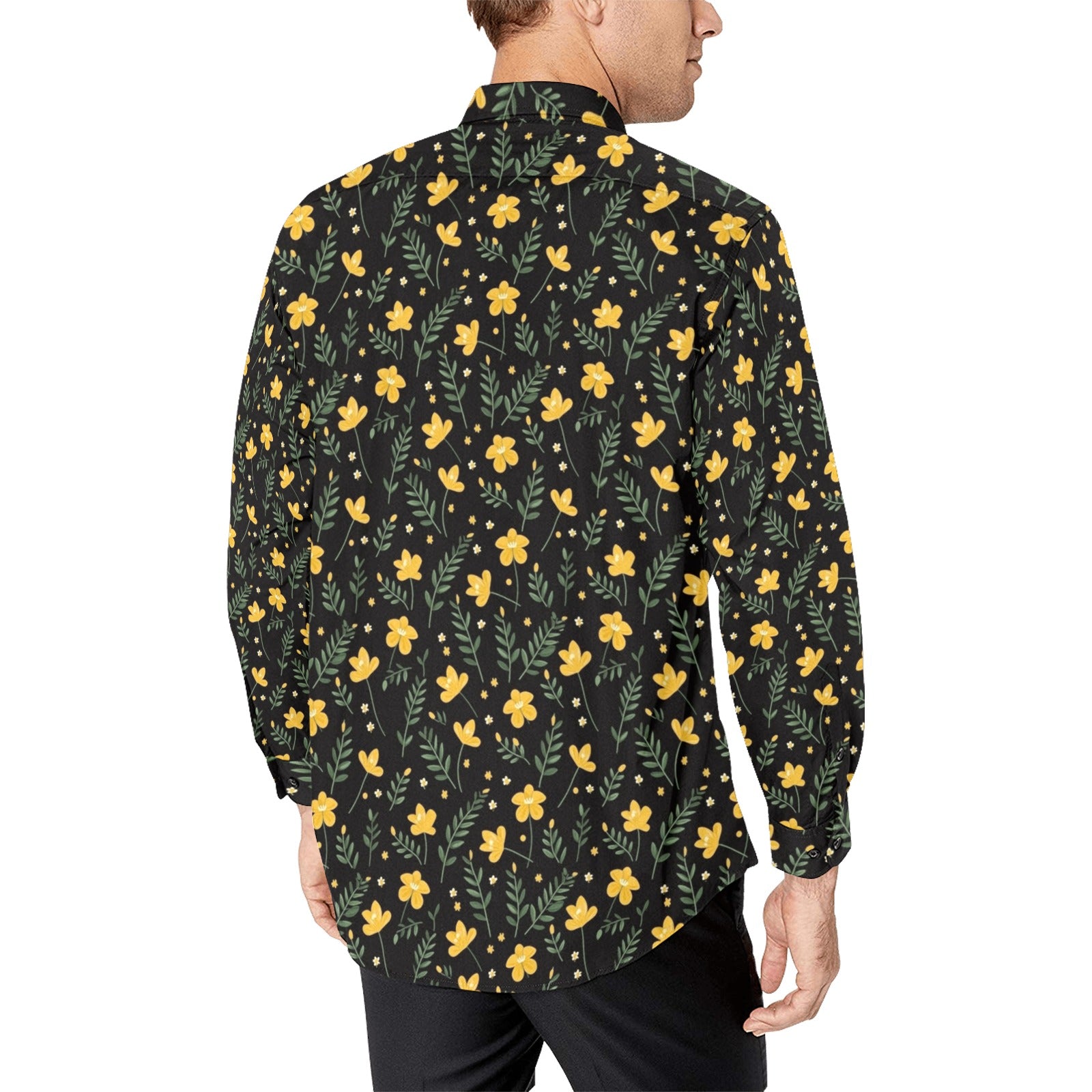 Black Yellow Floral Long Sleeve Men Button Up Shirt, Leaves Flowers Print Casual Buttoned Collared Designer Guys Dress Shirt Chest Pocket M Black Yellow Floral Long Sleeve Men Button Up Shirt, Leaves Flowers Print Casual Buttoned Collared Designer Guys Dress Shirt Chest Pocket M