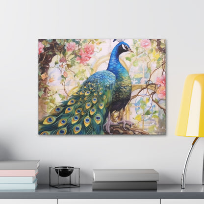 Peacock Canvas Gallery Wrap, Flowers Floral Watercolor Wall Art Print Decor Small Large Hanging Modern Landscape Living Room Starcove Fashion