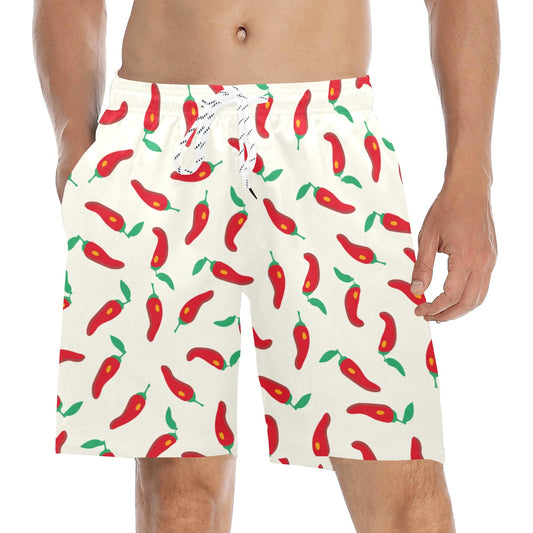 Hot Chili Pepper Men Mid Length Shorts, Funny Jalapeno Beach Swim Trunks Front Back Pockets Mesh Drawstring Casual Bathing Suit Designer