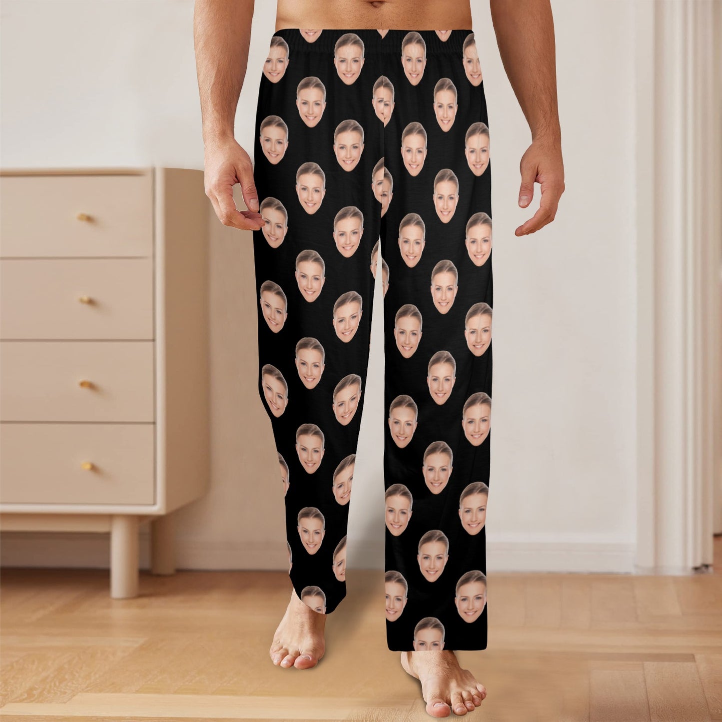 Custom Photo Face Men Pajamas Pants, Personalized Satin PJ Dog Pet Cat Funny Pockets Trousers Couples Matching Trousers