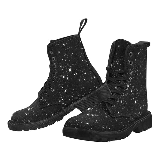 Constellation Stars Women boots, Space Universe Vegan Canvas Lace Up Shoes Festival Print Black Ankle Combat Casual Lightweight Designer