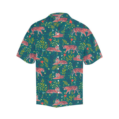 Tropical Tiger Men Hawaiian shirt, Animal Print Green Vintage Retro Summer Leaves Hawaii Aloha Beach Plus Size Cool Leaves Button Down Shirt
