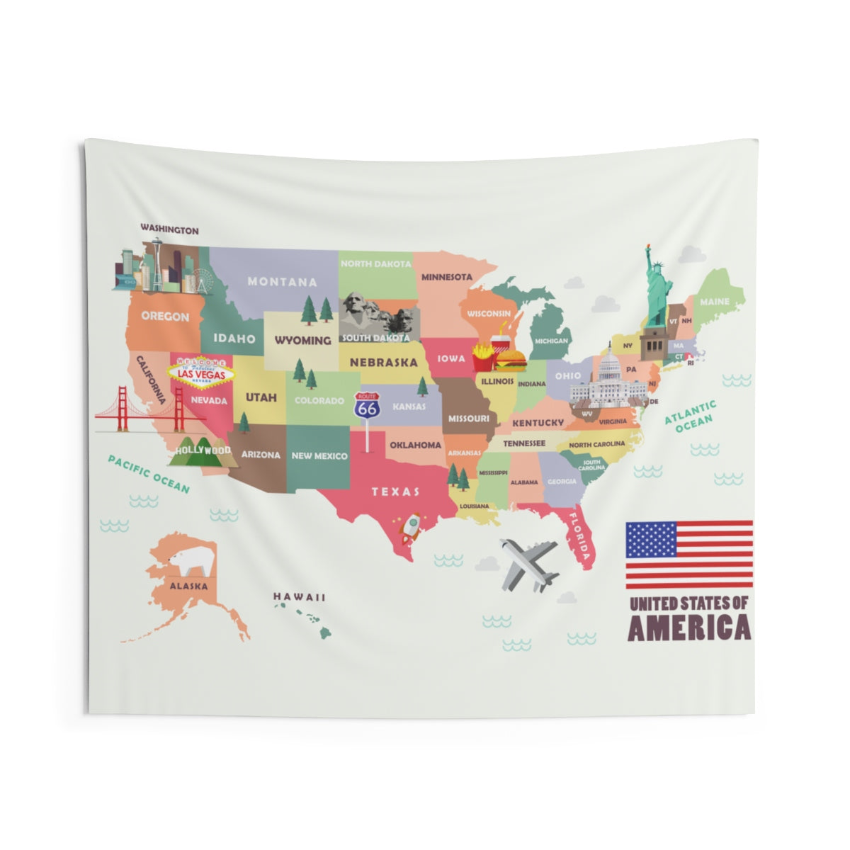 America USA Map with Landmarks Tapestry, Landscape Indoor Wall Art Hanging Tapestries Decor Home Dorm Room Gift Starcove Fashion