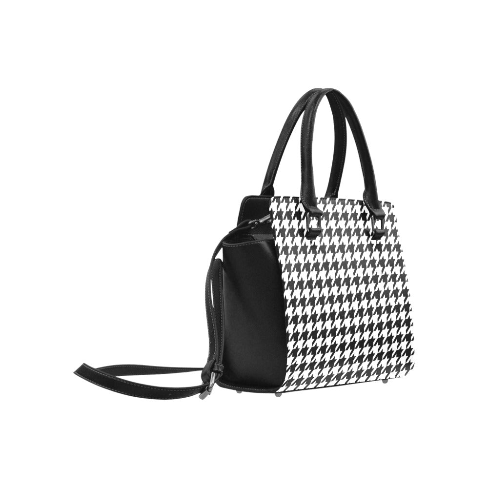 Houndstooth Shoulder Purse Handbag, Black White High Grade Vegan Leather Designer Women Gift Satchel Top Handle Zip Bag Strap Starcove Fashion