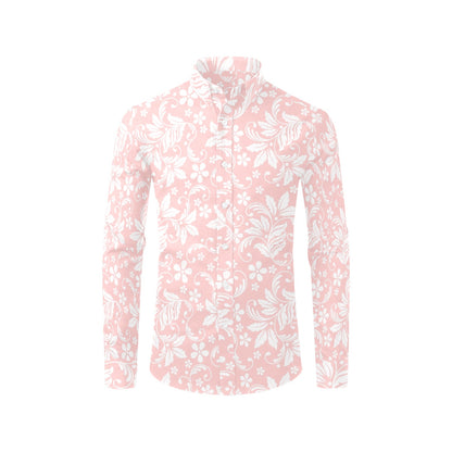Pink Floral Long Sleeve Men Button Up Shirt, Flowers Print White Casual Buttoned Collared Designer Dress Shirt with Chest Pocket Starcove Fashion