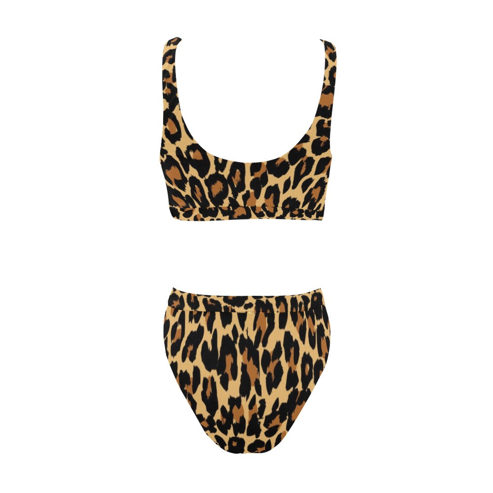 Leopard Print Bikini Set, Animal Cheetah Sport Top High Waisted Bikini Sexy Cheeky Bottom Swimsuit Swimwear Bathing Suit Plus Size Two Piece