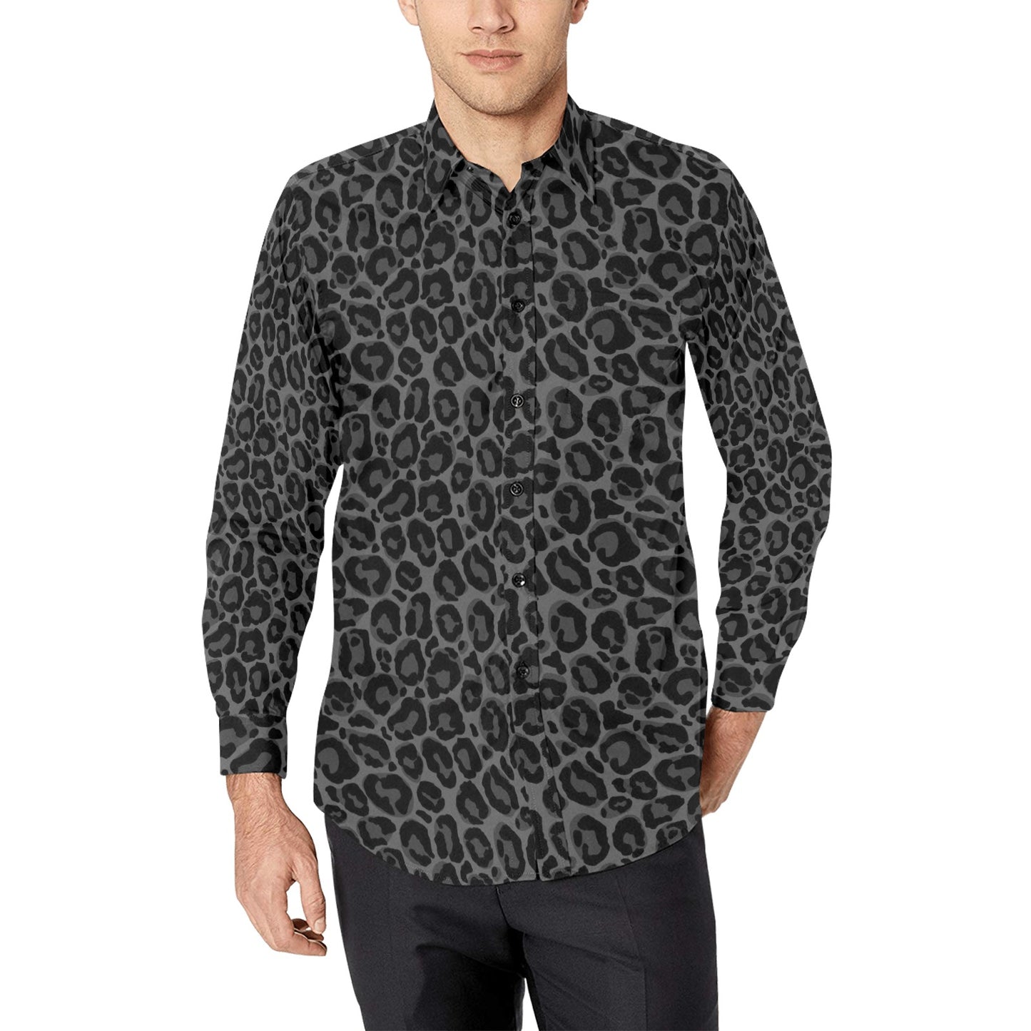 Black Leopard Men Button Up Shirt, Long Sleeve cheetah Animals Print Grey Buttoned Collar Dress Shirt with Chest Pocket