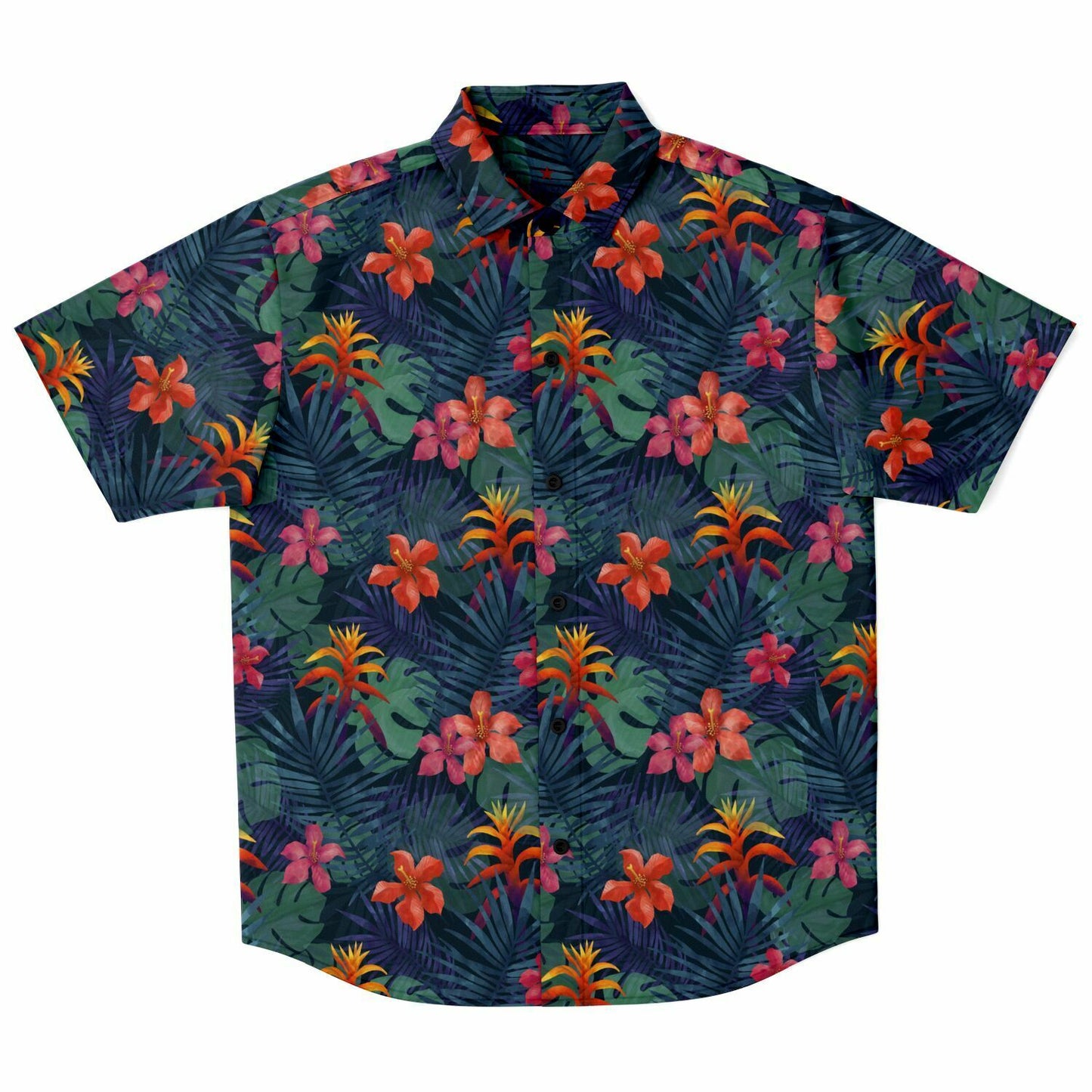 Tropical Men Button Down Shirt, Jungle Green Leaves Flowers Short Sleeve Casual Print Buttoned Up Collar Dress Plus size Shirt