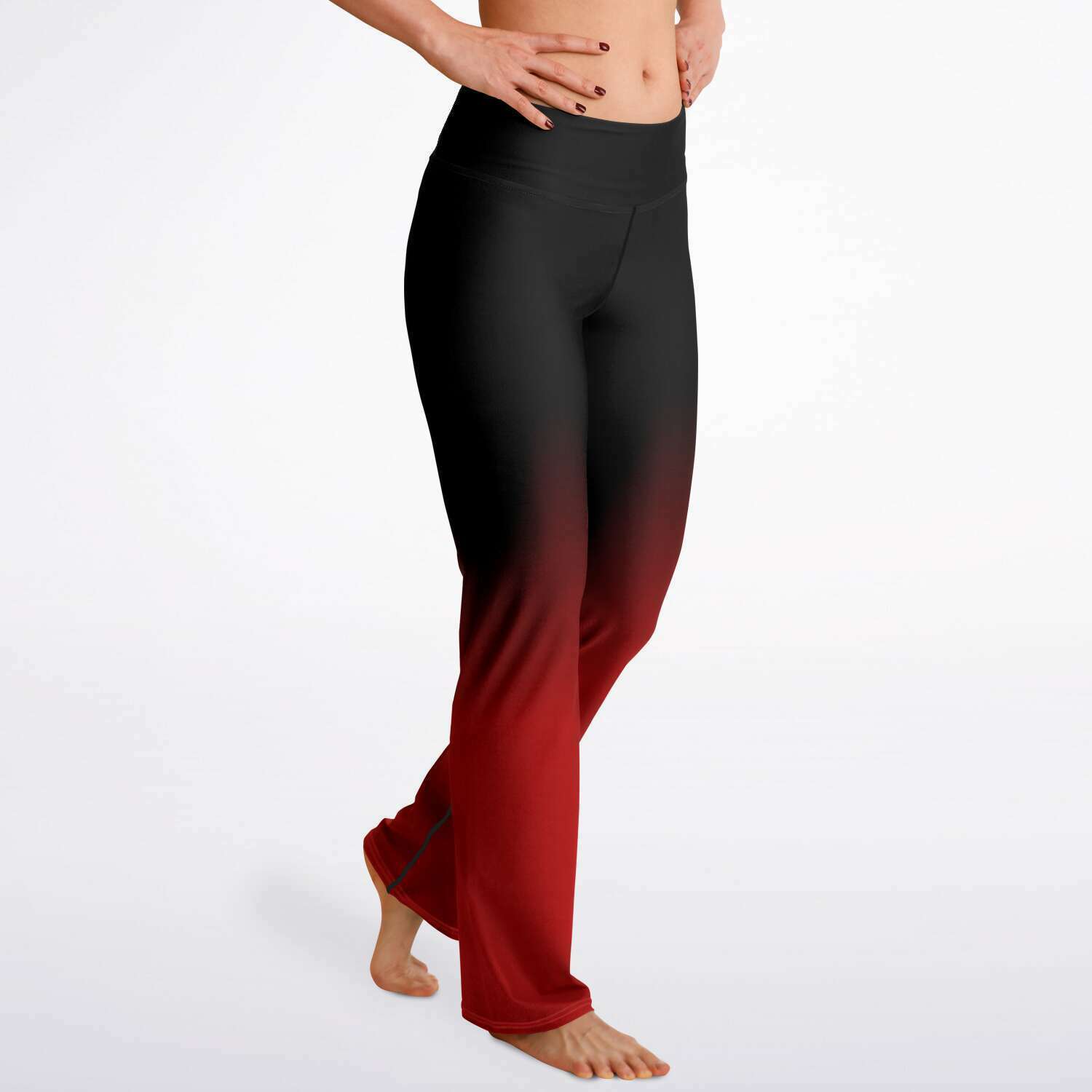 Black Red Ombre Flared Leggings, Tie Dye Printed High Waisted Yoga