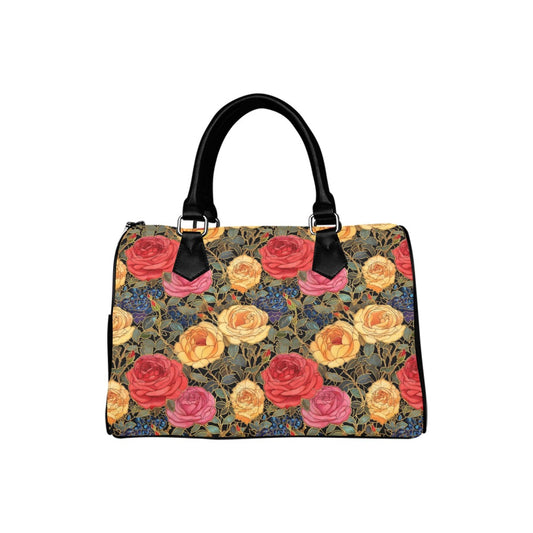 Roses Floral Handbag Purse, Cute Retro Flowers Art Deco Nouveau Top Zipper Canvas Leather Top Handle Barrel Type Women Designer Accessory