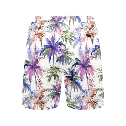 Palm Tree Men Swim Trunks, Lilac Lavender Purple Beach Mid Length Male Shorts Back Pockets Mesh Drawstring Liner Casual Bathing Suit Summer