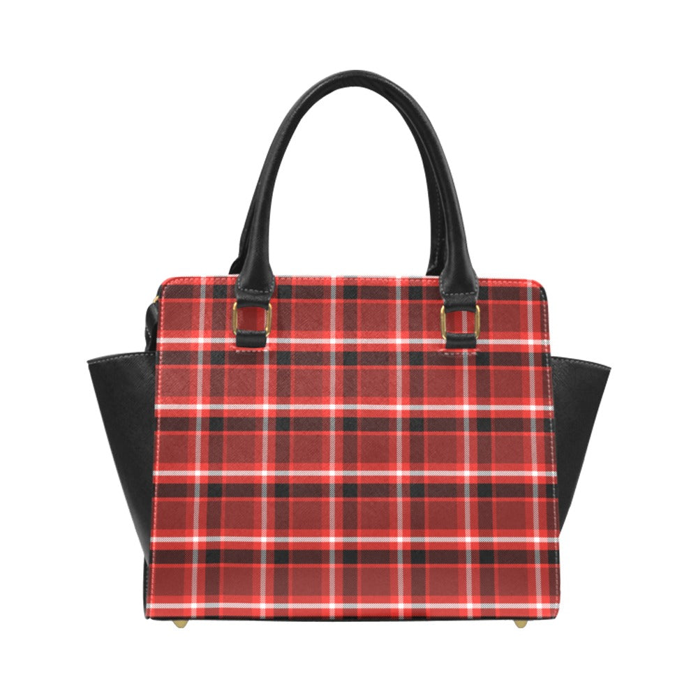 Red Plaid Shoulder Purse Handbag, Black Buffalo Check Checkered High Grade Vegan Leather Designer Women Satchel Top Handle Zip Bag Strap
