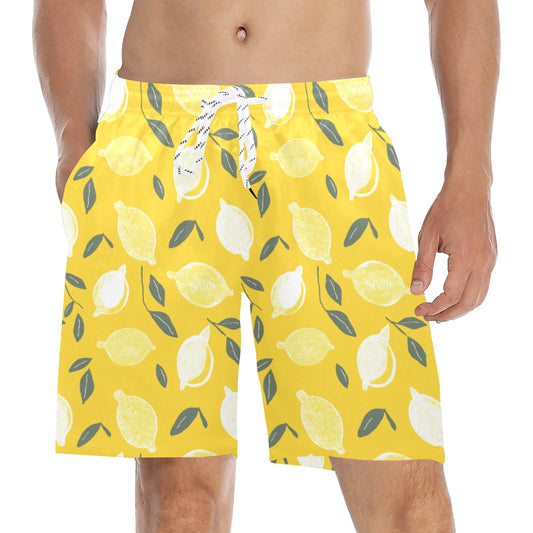 Yellow Lemons Men Swim Trunks, Summer Fruit Mid Length Shorts Beach Pockets Mesh Lining Drawstring Casual Bathing Suit Plus Size Swimwear