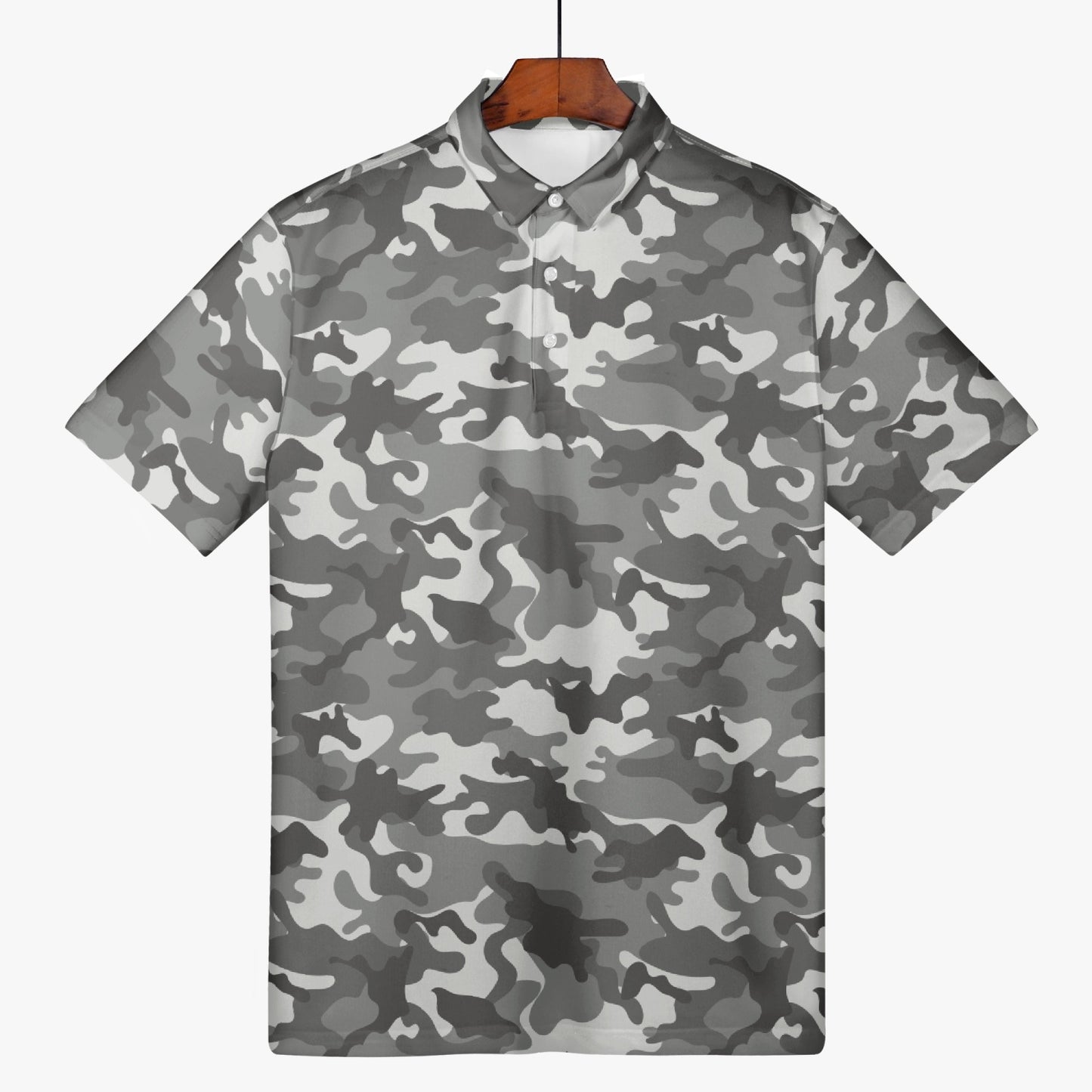 Gray Camo Men Polo Shirt, Camouflage Casual Summer Buttoned Down Up Collared Short Sleeve Sports Golf Tee Top