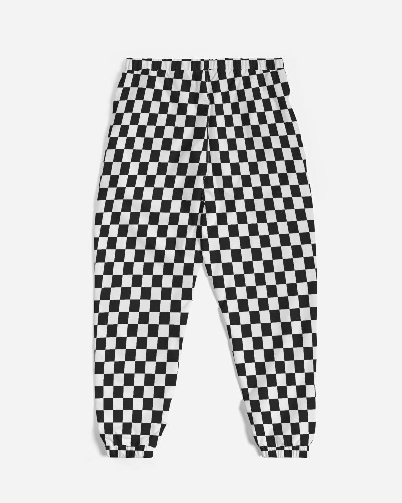 Black White Checkered Men Track Pants, Racing Check Zip Pockets Quick Dry Mesh Lining Lightweight Festival Elastic Waist Windbreaker Joggers