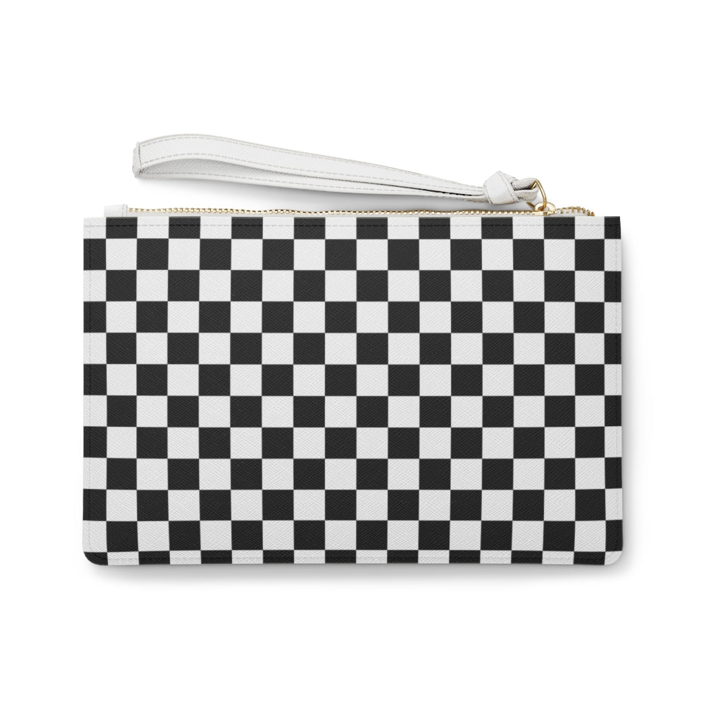 Black White Checkered Wristlet Wallet Clutch Purse, Check Bag Vegan Leather Pocket Zipper Evening Modern Strap Phone Pouch for Women Starcove Fashion