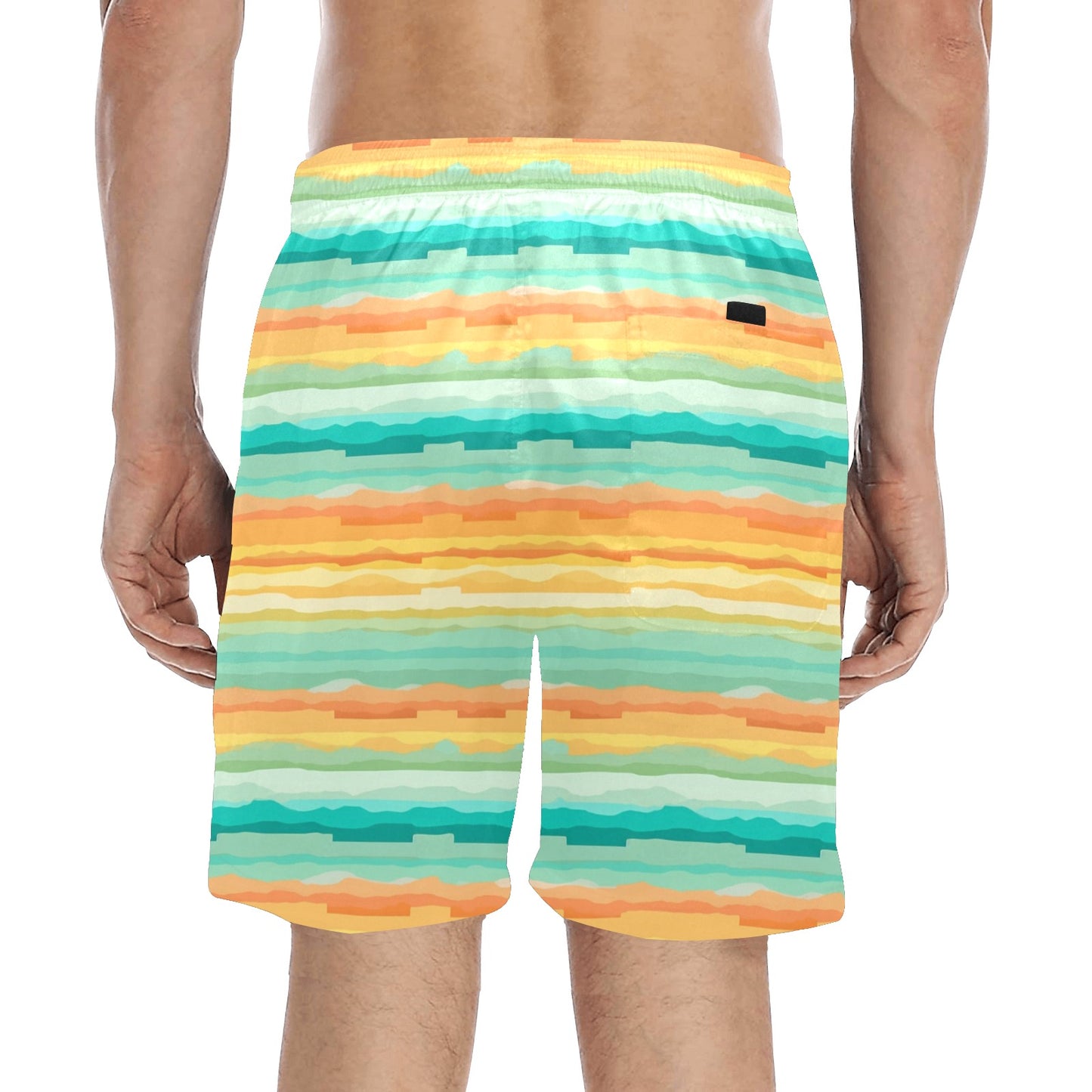Striped Men Swim Trunks, Green Yellow Mid Length Shorts Beach Pockets Mesh Lining Drawstring Boys Casual Bathing Suit Plus Size Swimwear Starcove Fashion