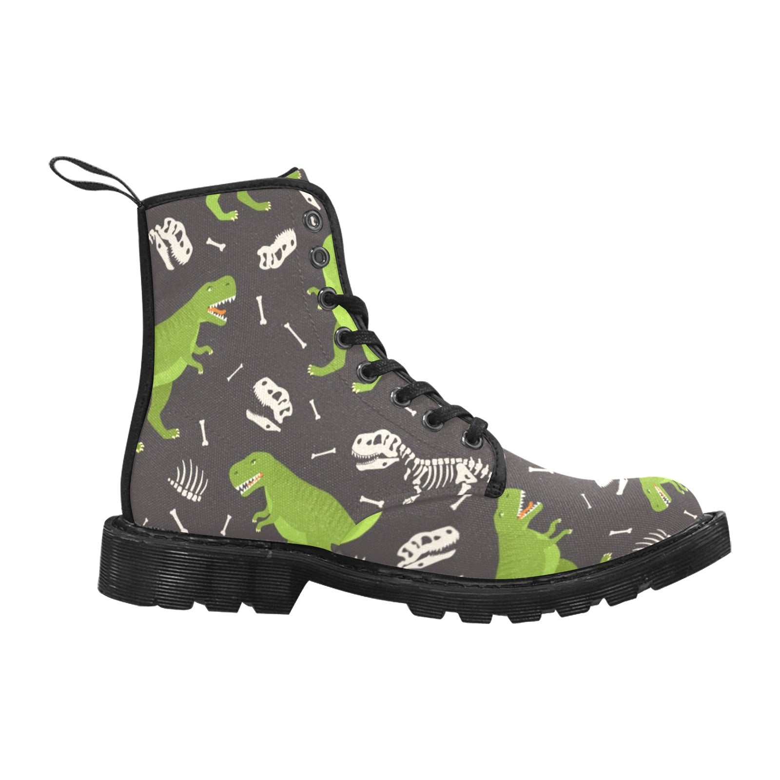 Dinosaur Men Boots, Skeleton Dino Fossil Design Pattern Vegan Canvas Festival Party Lace Up Shoes Fashion Print Combat Casual Custom Gift Starcove Fashion