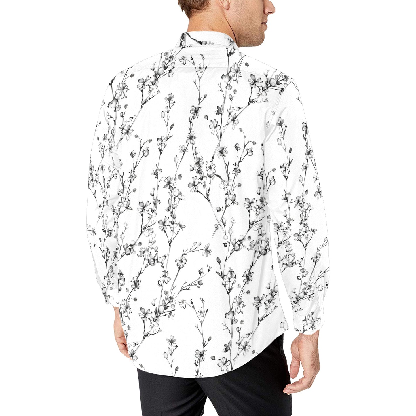 Black and White Floral Long Sleeve Men Button Up Shirt, Flowers Summer Print Dress Buttoned Collar Casual Male Guy Shirt