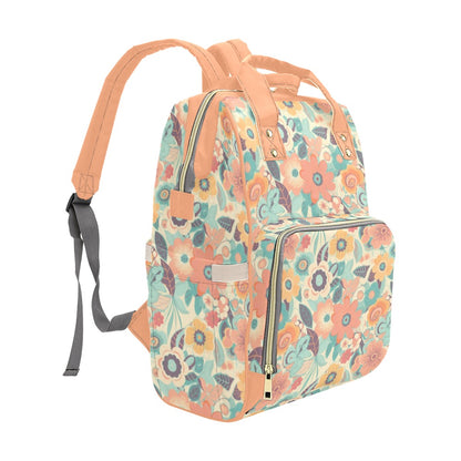 Retro Floral Diaper Bag Backpack, Pink Pastel Flowers Groovy 70s Baby Girl Waterproof Insulated Pockets Mom Designer Men Women Multipurpose