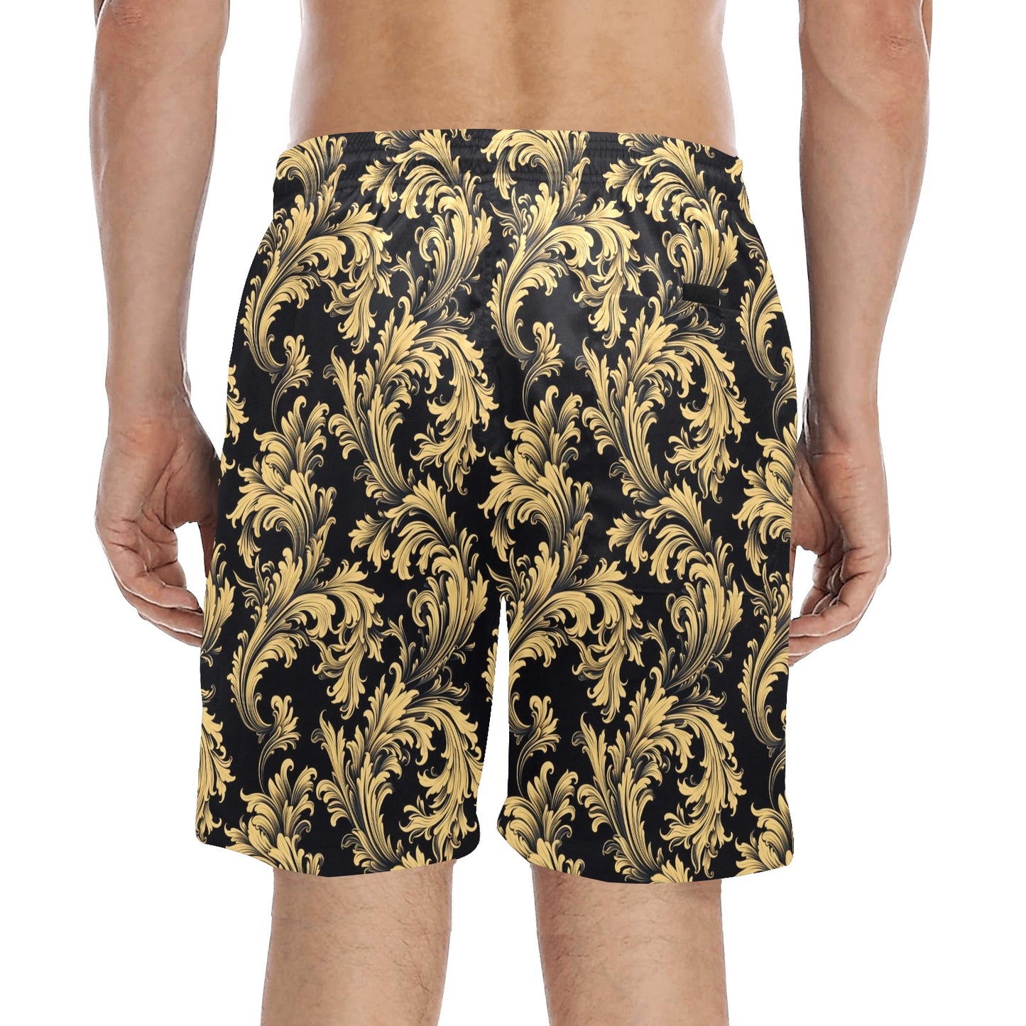 Baroque Men Swim Trunks, 7" Inseam Shorts Black Gold Ornate Beach Pockets Mesh Lining Drawstring Casual Bathing Suit Plus Size Swimwear Guys