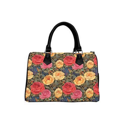 Roses Floral Handbag Purse, Cute Retro Flowers Art Deco Nouveau Top Zipper Canvas Leather Top Handle Barrel Type Women Designer Accessory