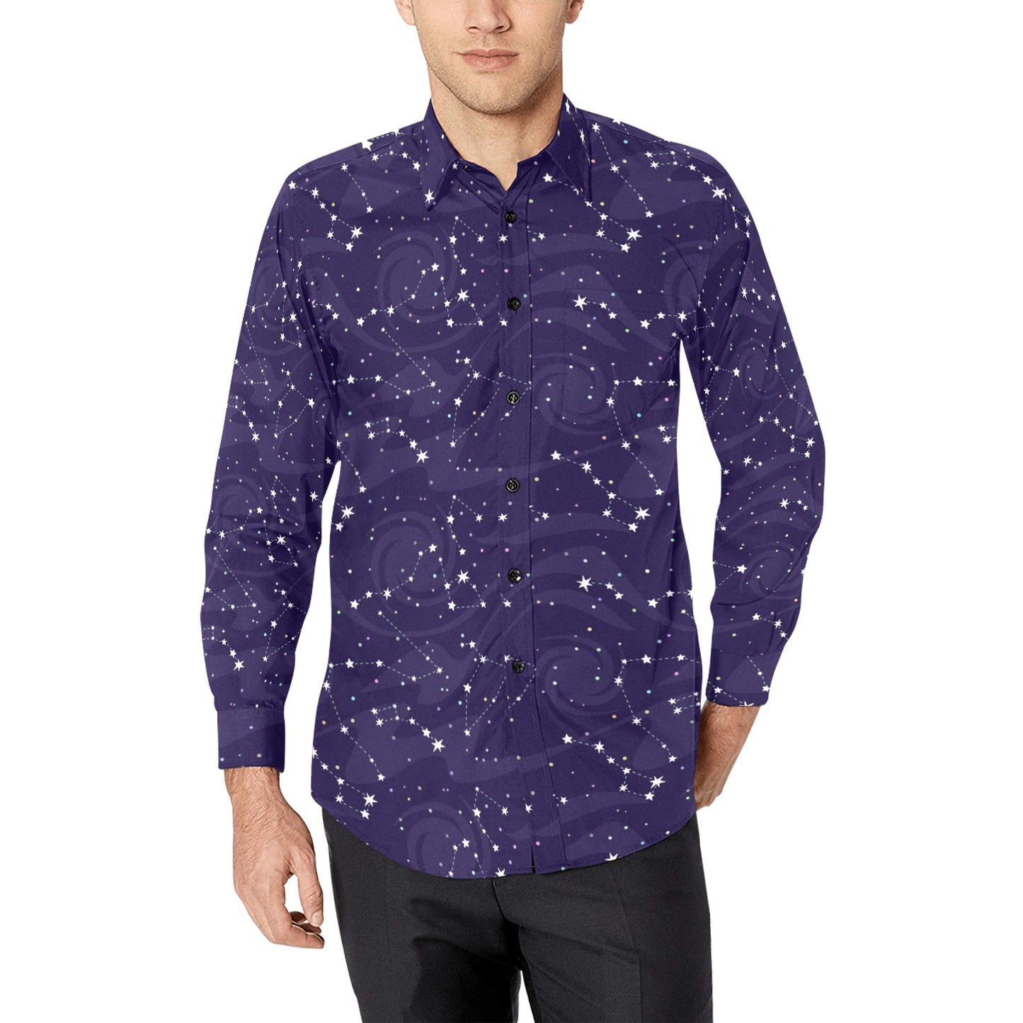 Space Long Sleeve Men Button Up Shirt, Constellation Universe Stars Print Dress Buttoned Collared Casual Dress Shirt with Chest Pocket